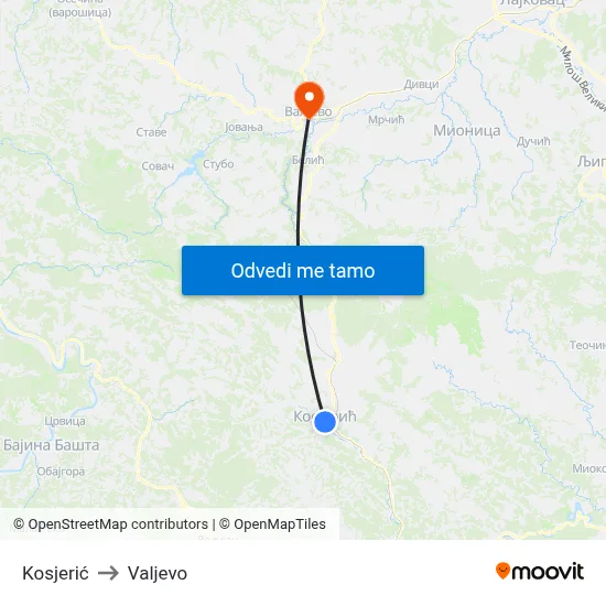 Kosjerić to Valjevo map