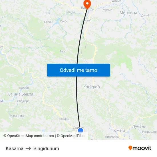 Kasarna to Singidunum map