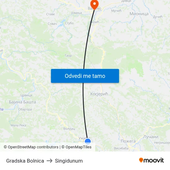Gradska Bolnica to Singidunum map