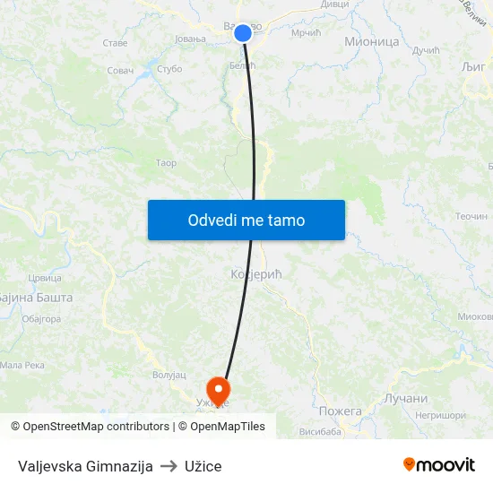 Valjevska Gimnazija to Užice map