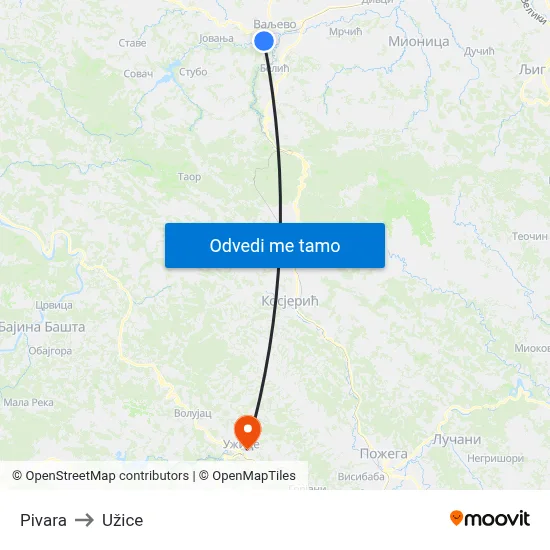 Pivara to Užice map
