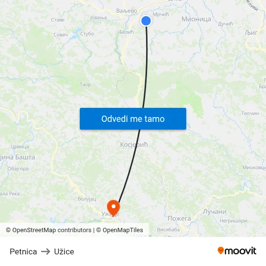 Petnica to Užice map