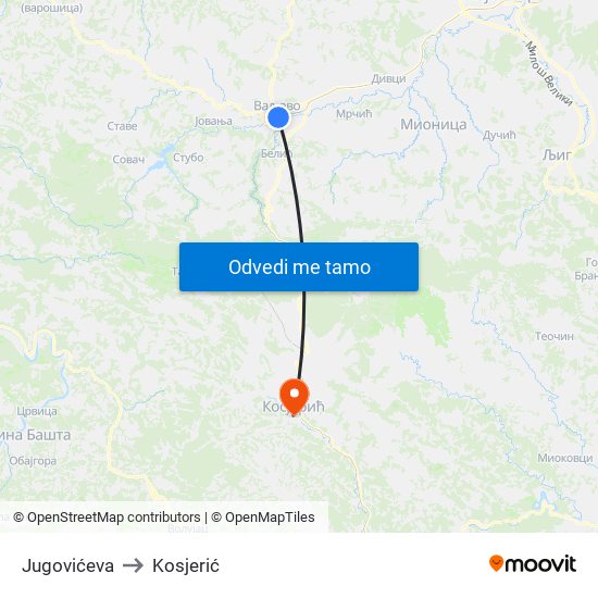 Jugovićeva to Kosjerić map