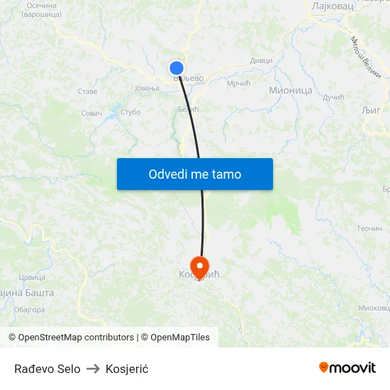 Rađevo Selo to Kosjerić map