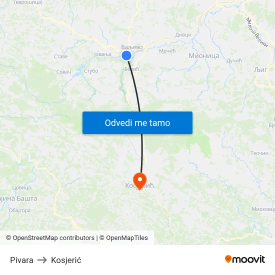 Pivara to Kosjerić map