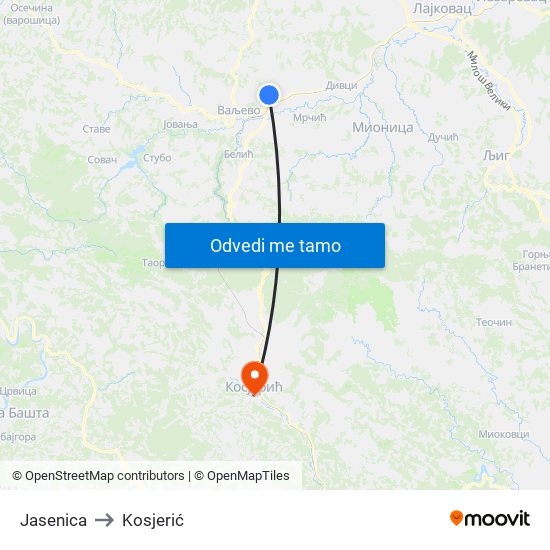 Jasenica to Kosjerić map