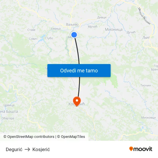 Degurić to Kosjerić map
