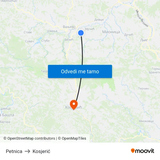 Petnica to Kosjerić map