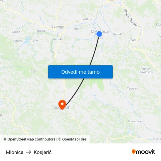 Mionica to Kosjerić map