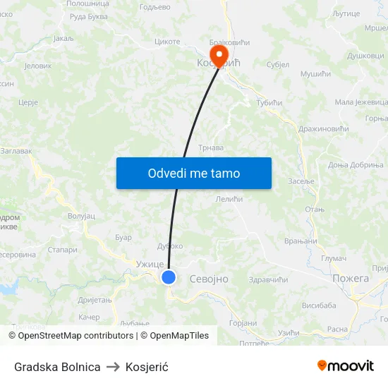 Gradska Bolnica to Kosjerić map