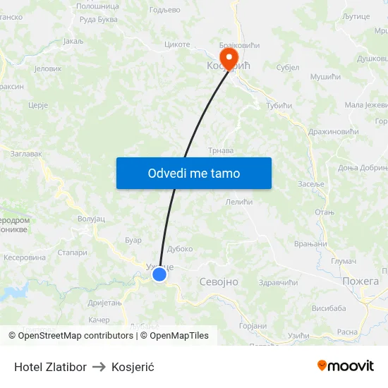 Hotel Zlatibor to Kosjerić map