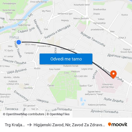 Trg Kralja Milana to Higijenski Zavod, Nir, Zavod Za Zdravstvenu Zaštitu Radnika map