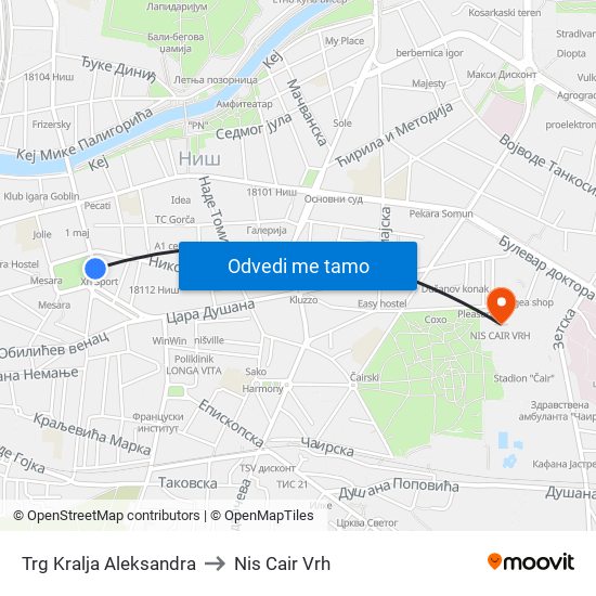 Trg Kralja Aleksandra to Nis Cair Vrh map