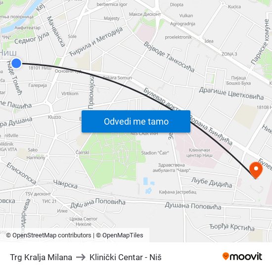 Trg Kralja Milana to Klinički Centar - Niš map