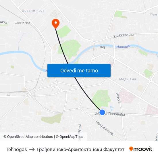 Tehnogas to Грађевинско-Архитектонски Факултет map