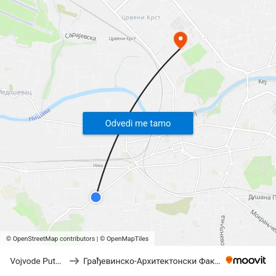 Vojvode Putnika to Грађевинско-Архитектонски Факултет map