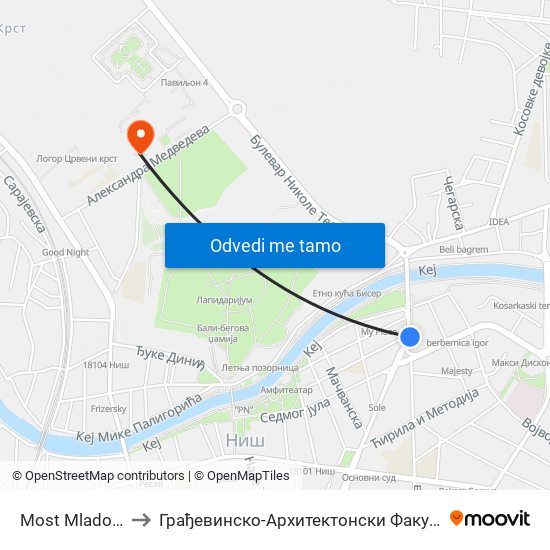 Most Mladosti to Грађевинско-Архитектонски Факултет map