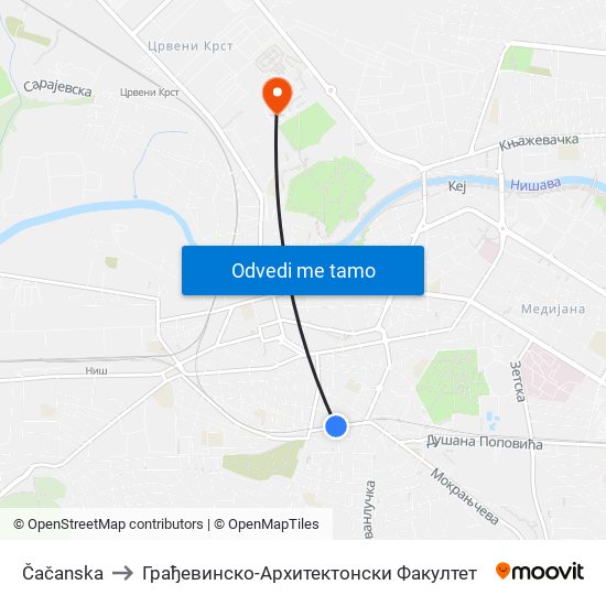 Čačanska to Грађевинско-Архитектонски Факултет map