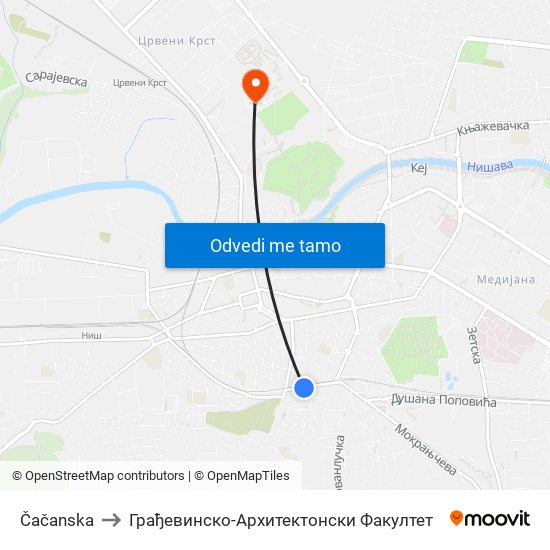 Čačanska to Грађевинско-Архитектонски Факултет map