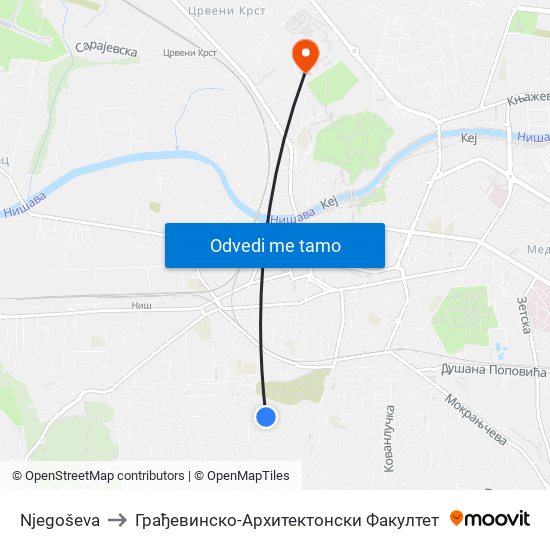 Njegoševa to Грађевинско-Архитектонски Факултет map