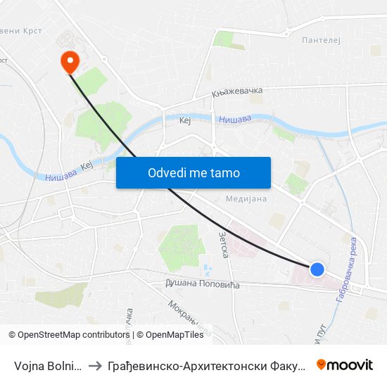 Vojna Bolnica to Грађевинско-Архитектонски Факултет map