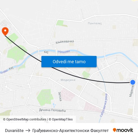 Duvanište to Грађевинско-Архитектонски Факултет map