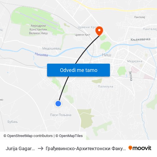 Jurija Gagarina to Грађевинско-Архитектонски Факултет map