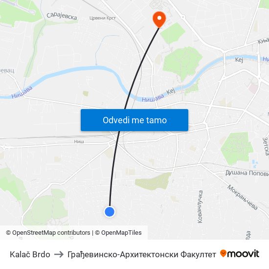 Kalač Brdo to Грађевинско-Архитектонски Факултет map