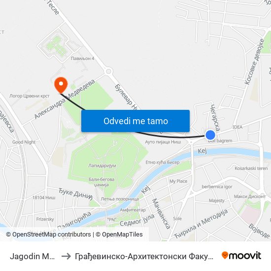 Jagodin Mala to Грађевинско-Архитектонски Факултет map