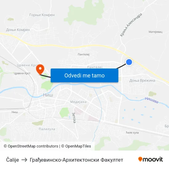 Čalije to Грађевинско-Архитектонски Факултет map