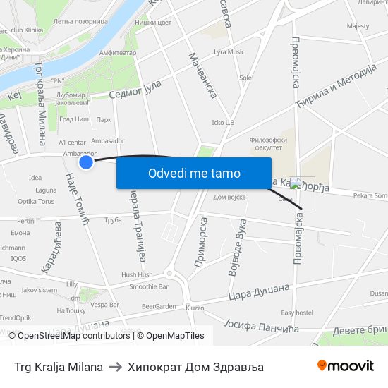 Trg Kralja Milana to Хипократ Дом Здравља map