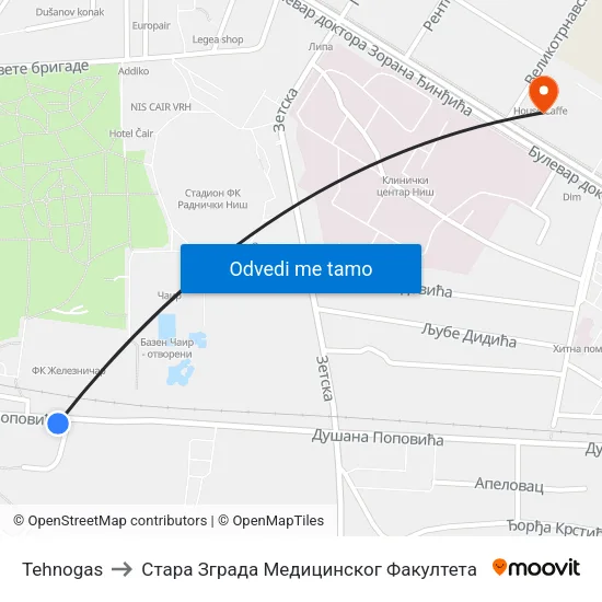 Tehnogas to Стара Зграда Медицинског Факултета map