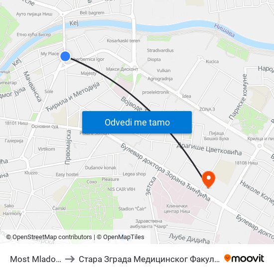 Most Mladosti to Стара Зграда Медицинског Факултета map