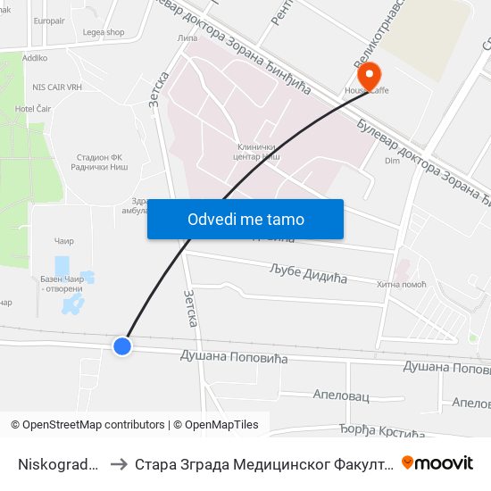 Niskogradnja to Стара Зграда Медицинског Факултета map