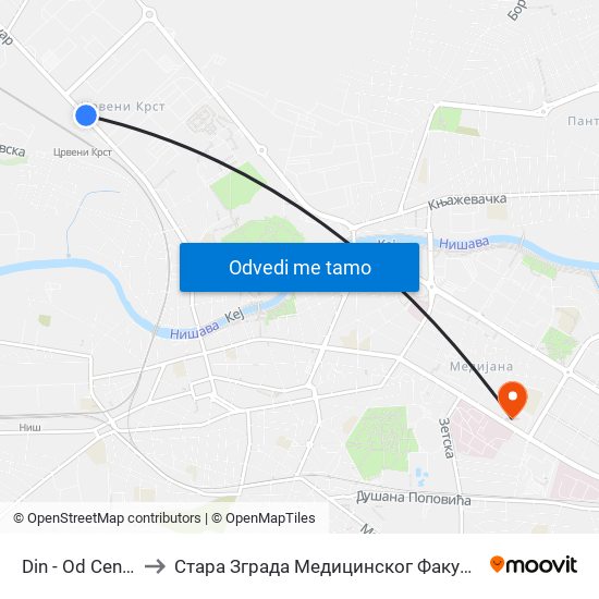 Din - Od Centra to Стара Зграда Медицинског Факултета map