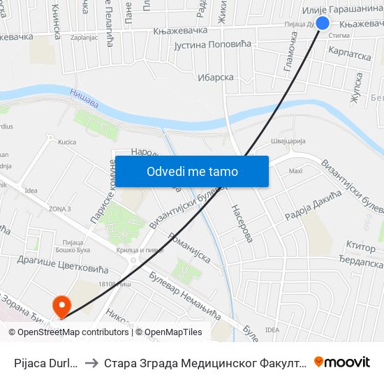 Pijaca Durlan to Стара Зграда Медицинског Факултета map