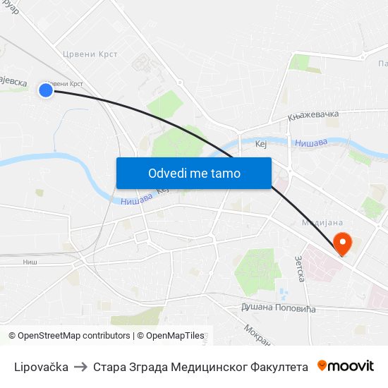 Lipovačka to Стара Зграда Медицинског Факултета map