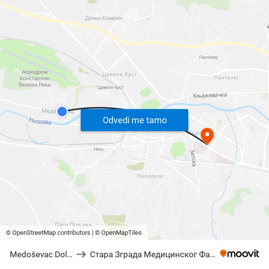Medoševac Dolazno to Стара Зграда Медицинског Факултета map