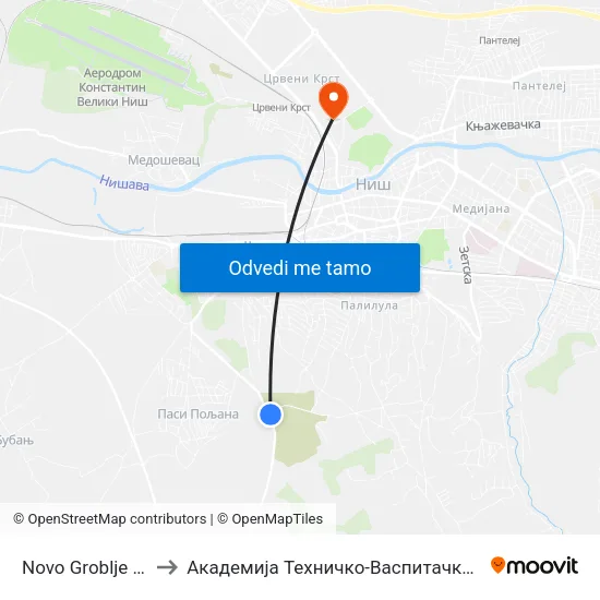 Novo Groblje (Okretnica) to Академија Техничко-Васпитачких Струковних Студија map