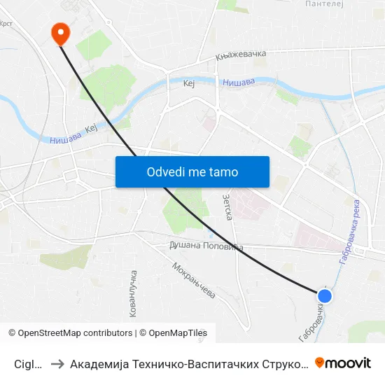 Ciglana to Академија Техничко-Васпитачких Струковних Студија map