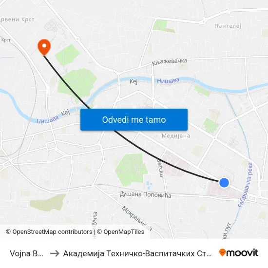 Vojna Bolnica to Академија Техничко-Васпитачких Струковних Студија map