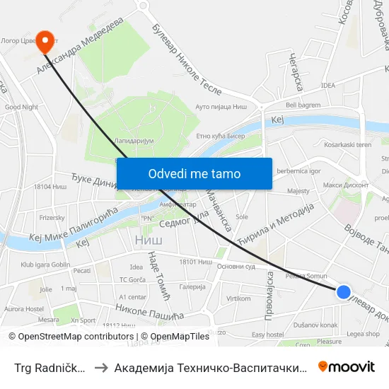 Trg Radničkog Saveta to Академија Техничко-Васпитачких Струковних Студија map