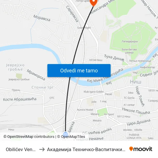 Obilićev Venac Rampa to Академија Техничко-Васпитачких Струковних Студија map