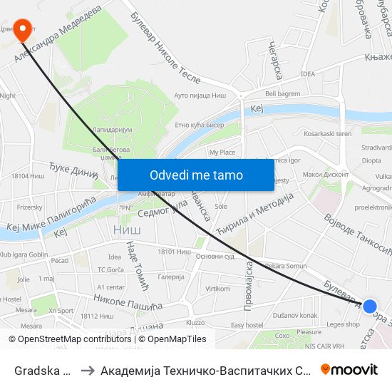 Gradska Bolnica to Академија Техничко-Васпитачких Струковних Студија map