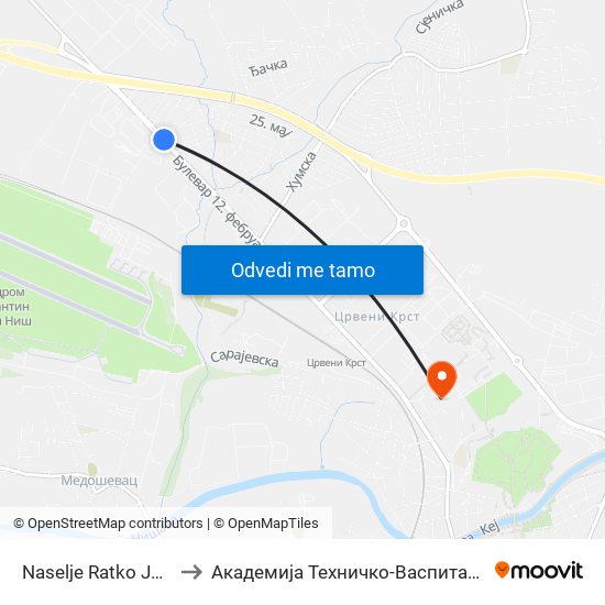 Naselje Ratko Jović - Od Centra to Академија Техничко-Васпитачких Струковних Студија map