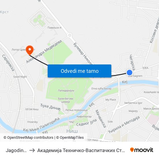 Jagodin Mala to Академија Техничко-Васпитачких Струковних Студија map