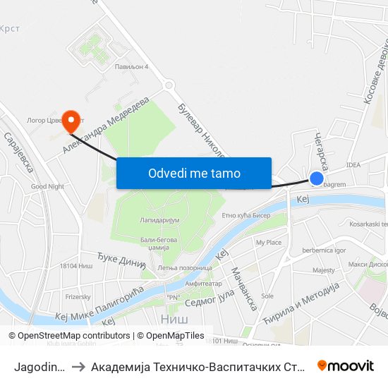 Jagodin Mala to Академија Техничко-Васпитачких Струковних Студија map