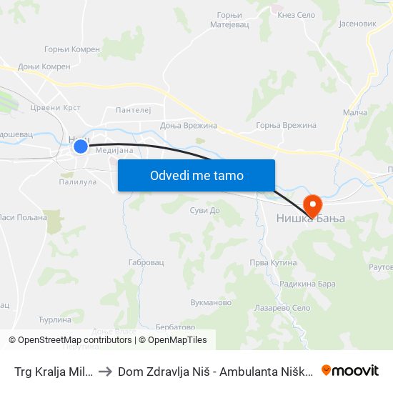 Trg Kralja Milana to Dom Zdravlja Niš - Ambulanta Niška Banja map