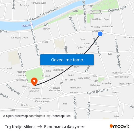 Trg Kralja Milana to Економски Факултет map