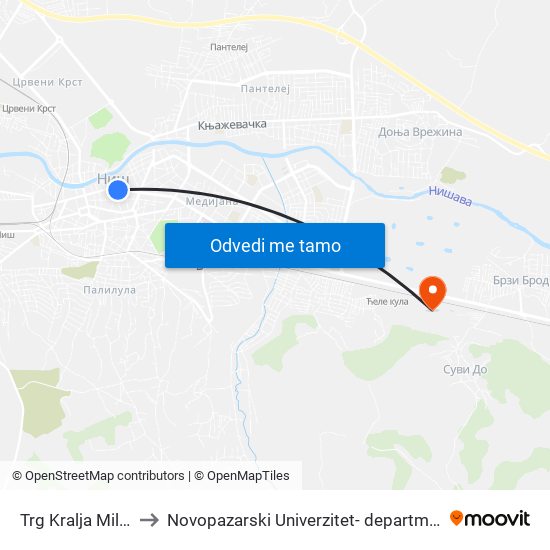 Trg Kralja Milana to Novopazarski Univerzitet- departman Nis map